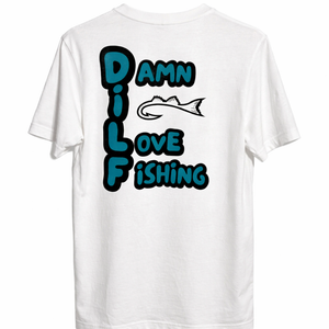 White t-shirt with blue and black text and fish graphic on a white background