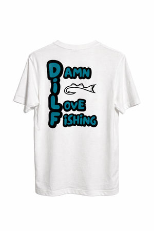 White t-shirt with blue and black text and fish graphic on a white background