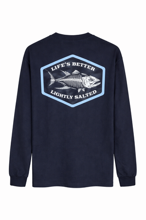 Black long-sleeve shirt with 'Life's Better Lightly Salted' graphic on a white background