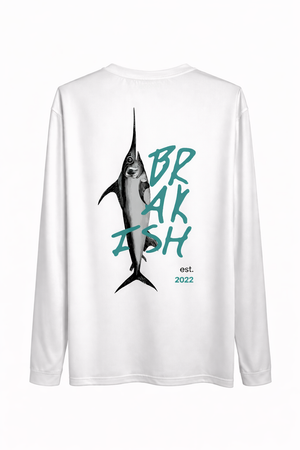 White long-sleeve shirt with a marlin graphic and 'BRAKISH' text on a white background
