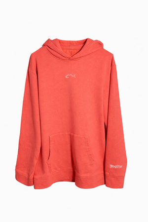 Red hoodie with a logo on a white background