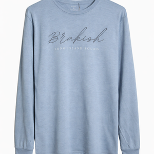 Light blue long-sleeve shirt with 'Brakish Long Island Sound' text on a white background