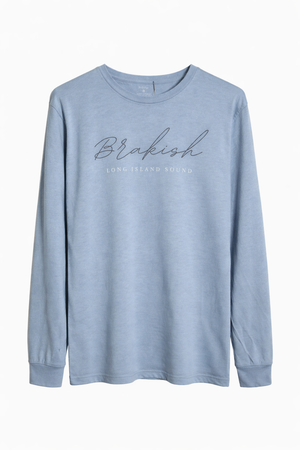 Light blue long-sleeve shirt with 'Brakish Long Island Sound' text on a white background