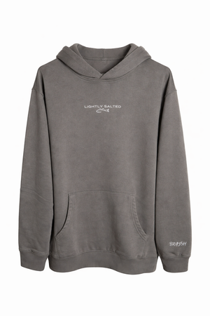 Gray hoodie with branding on a white background