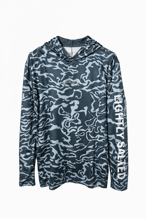 Blue camouflage hoodie with 'Lightly Salted' branding on a white background