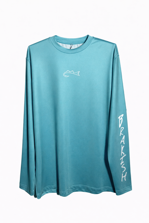 Teal long-sleeve shirt with white graphics on a white background