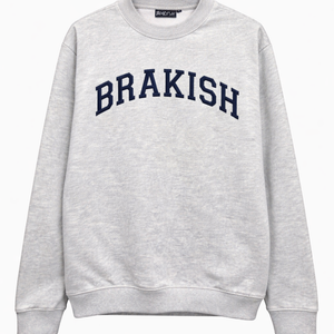 Gray sweatshirt with 'BRAKISH' text on a white background