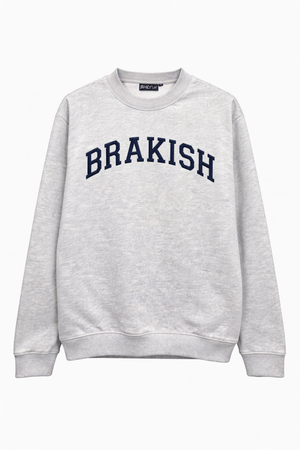 Gray sweatshirt with 'BRAKISH' text on a white background