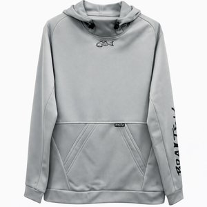 Gray hoodie with branding on a white background