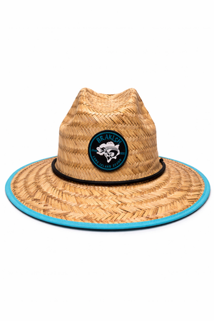 Straw hat with a blue rim and logo on a white background