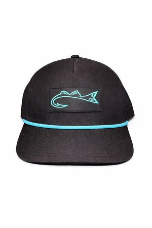 Black cap with a blue fish logo on a white background