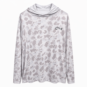 White camouflage hoodie with a small logo on a white background