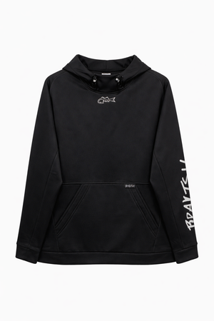 Black hoodie with white text on a white background